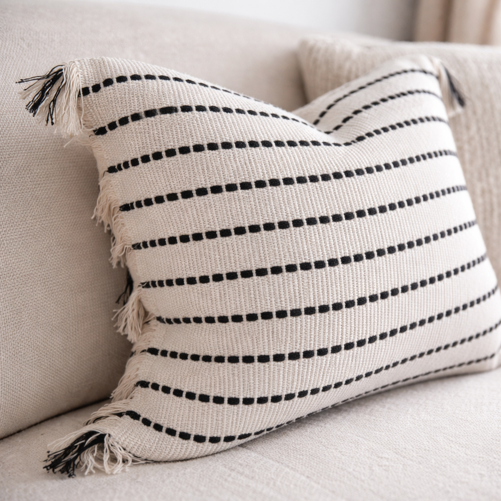 Black White Striped Cushion Cover - Tassel Cotton Linen