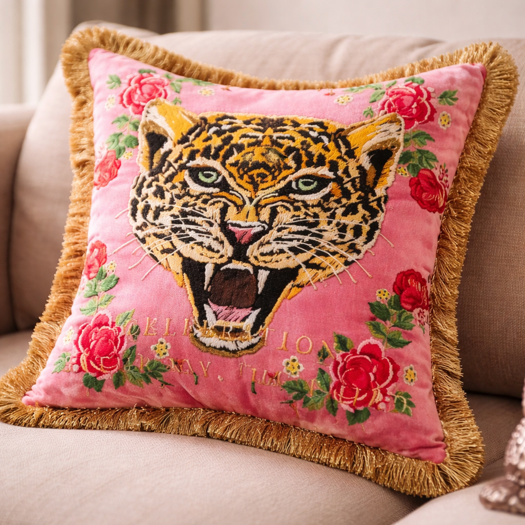 Pink Leopard Velvet Cushion Cover Fringed Luxury Decor