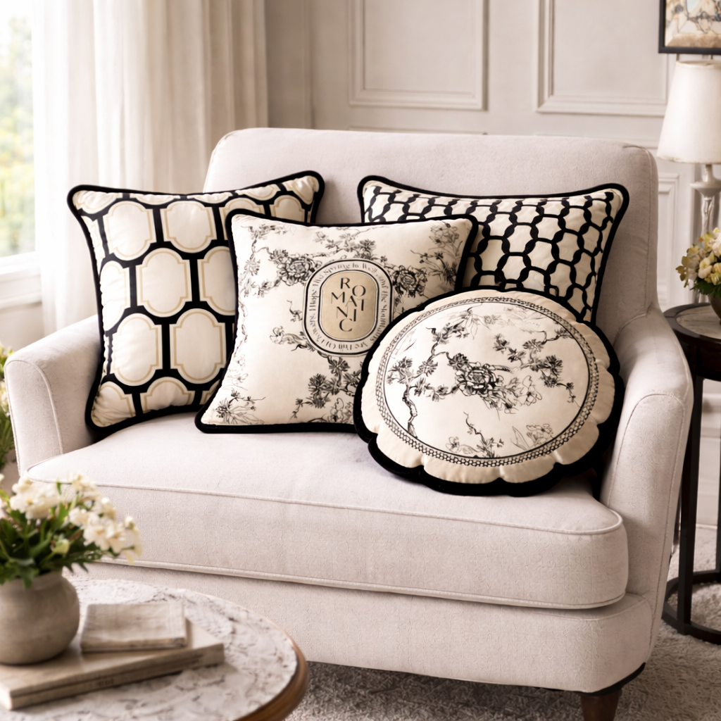Luxury Black White Velvet Cushion Cover - Chic Pattern Design