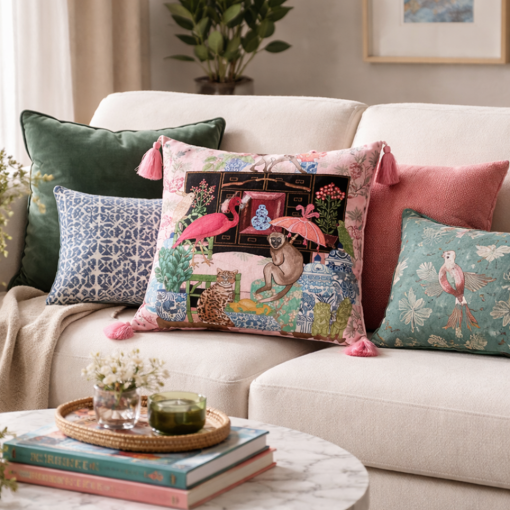 Pink Velvet Animal Print Cushion Cover - Tassel Decorative Pillow