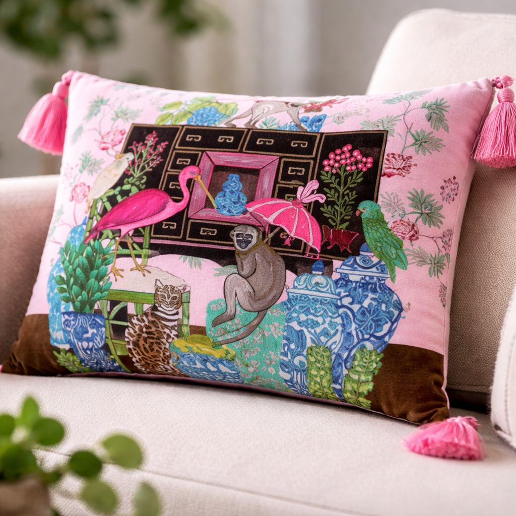 Pink Velvet Animal Print Cushion Cover - Tassel Decorative Pillow