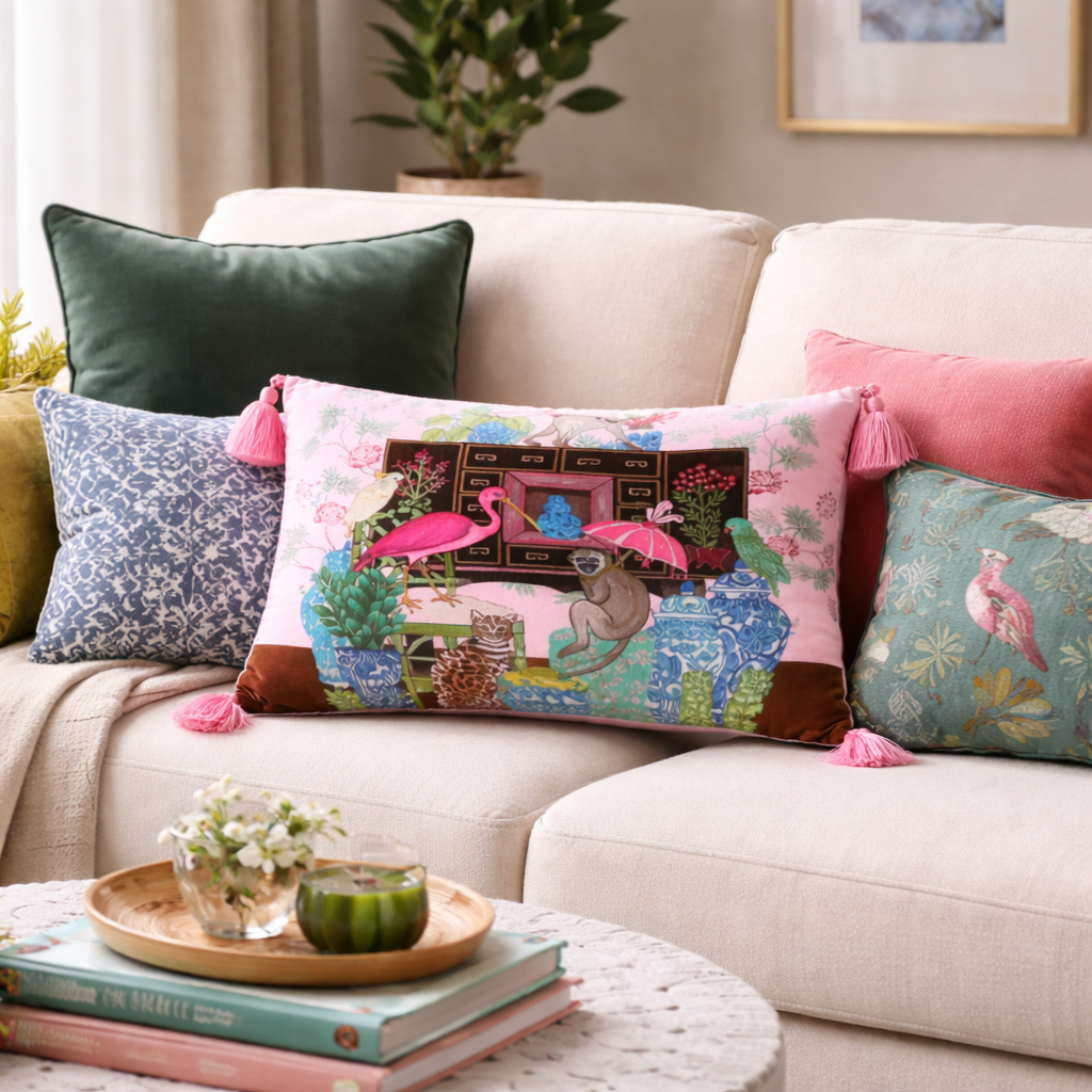 Pink Velvet Animal Print Cushion Cover - Tassel Decorative Pillow
