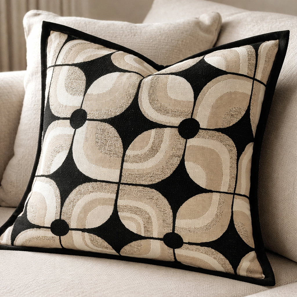 Modern Geometric Cushion Cover Black Beige Jacquard