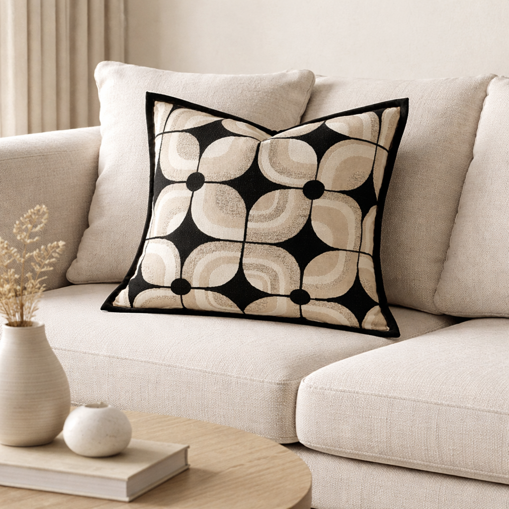 Modern Geometric Cushion Cover Black Beige Jacquard