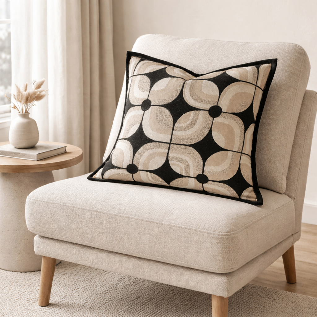 Modern Geometric Cushion Cover Black Beige Jacquard