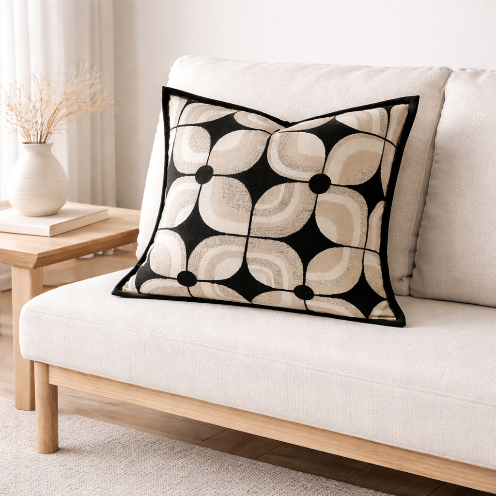Modern Geometric Cushion Cover Black Beige Jacquard