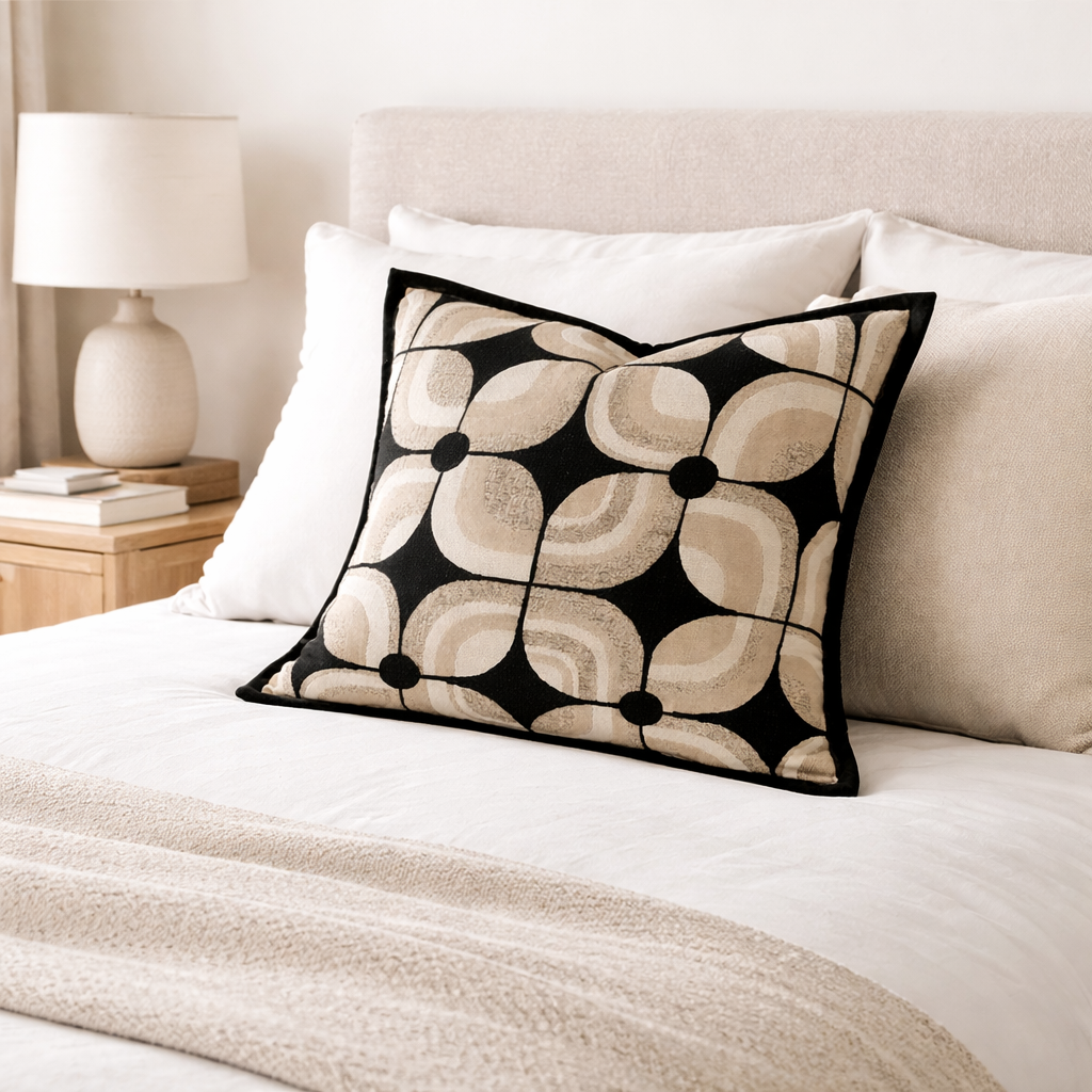 Modern Geometric Cushion Cover Black Beige Jacquard