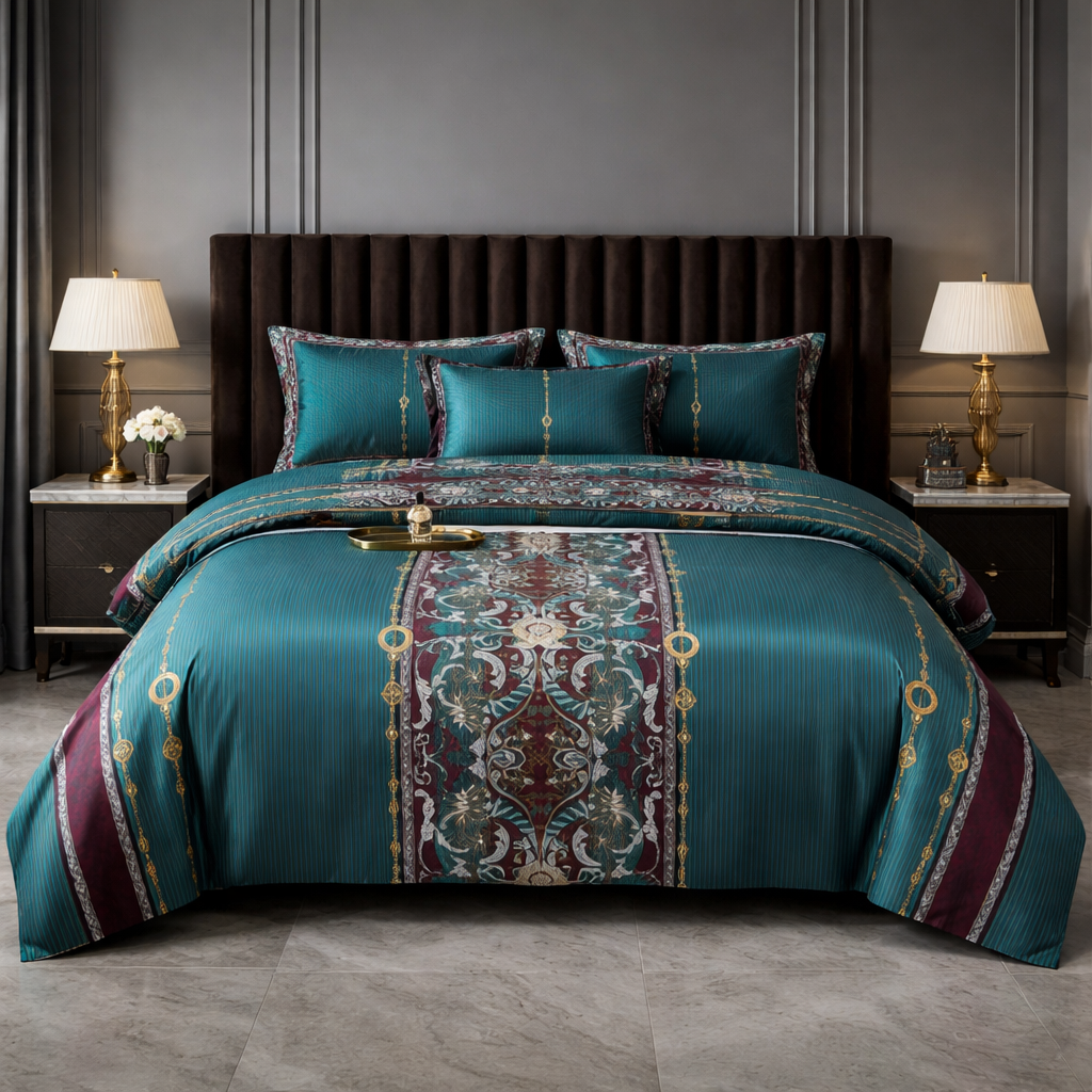 Luxury Teal Egyptian Cotton Duvet Cover Set - Ornate Bedding