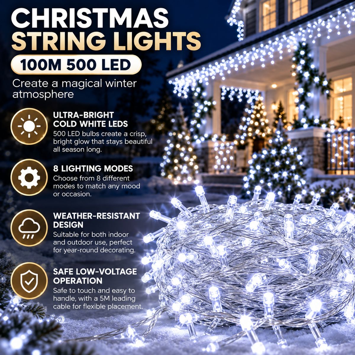 Lampki choinkowe 100M 500 LED chłodna biel na zewnątrz