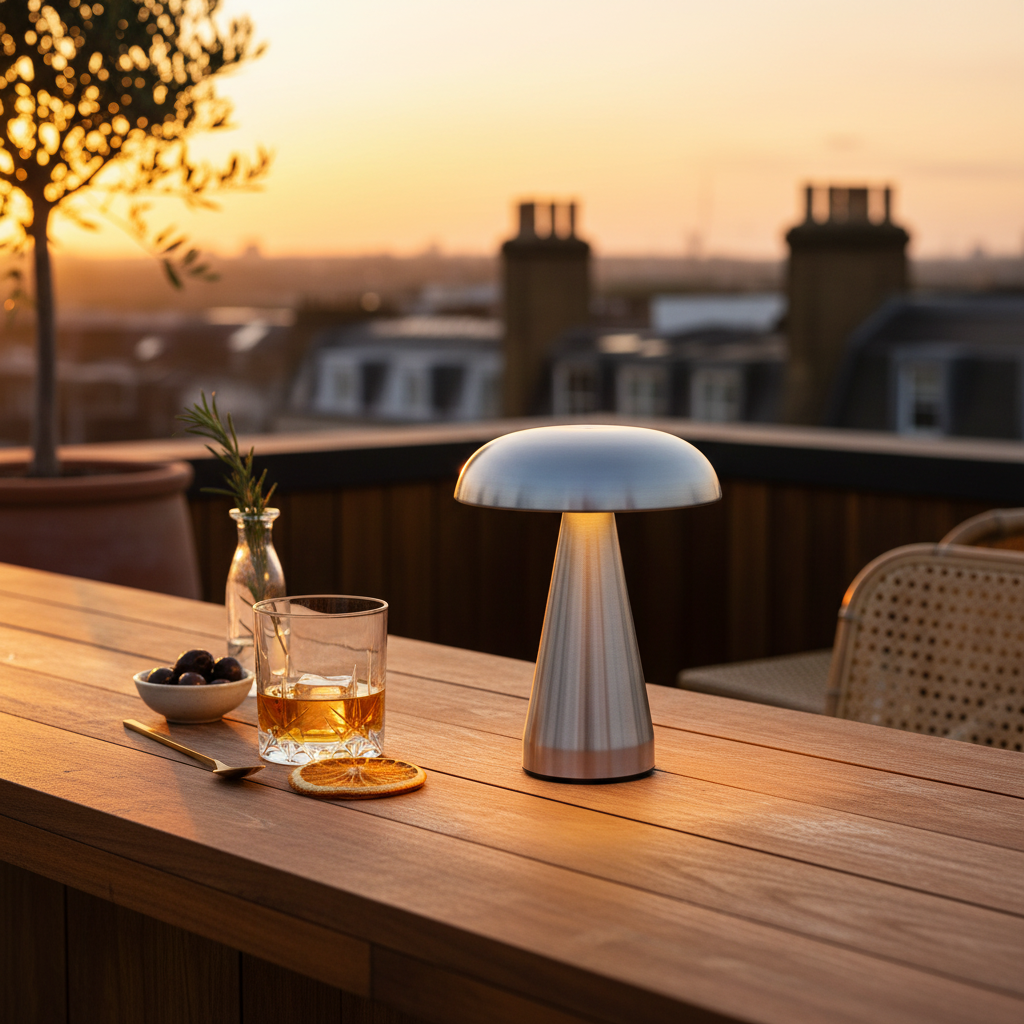 Cordless chrome mushroom bedside lamp 21 cm with USB-C charging and stepless dimming