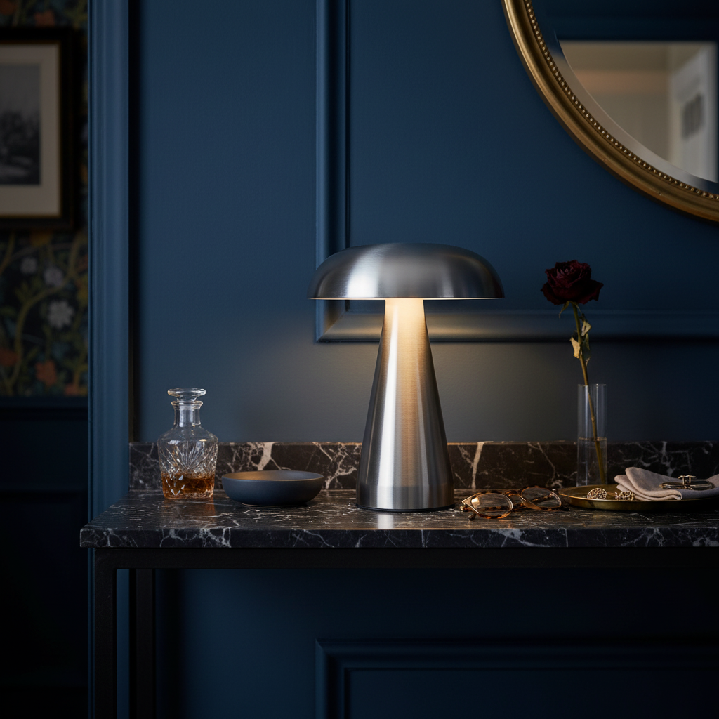 Cordless chrome mushroom bedside lamp 21 cm with USB-C charging and stepless dimming