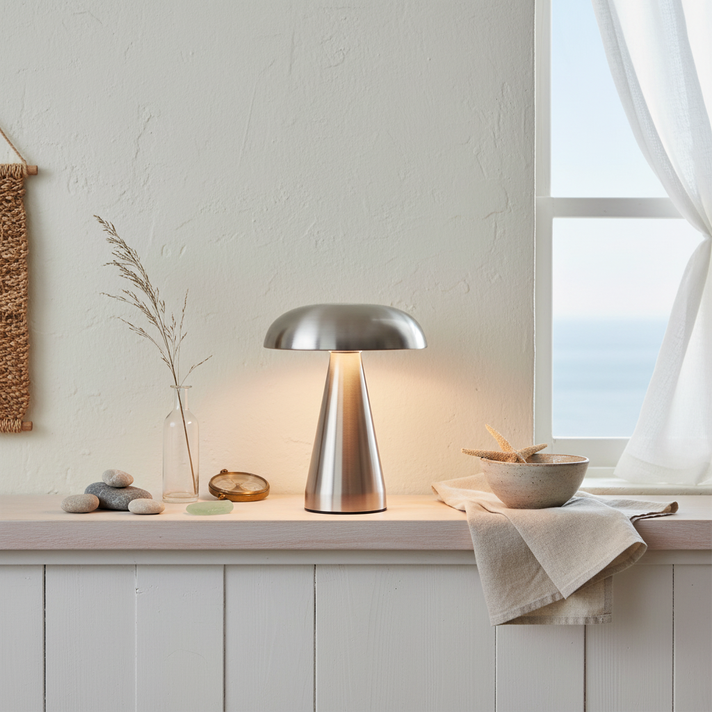 Cordless chrome mushroom bedside lamp 21 cm with USB-C charging and stepless dimming