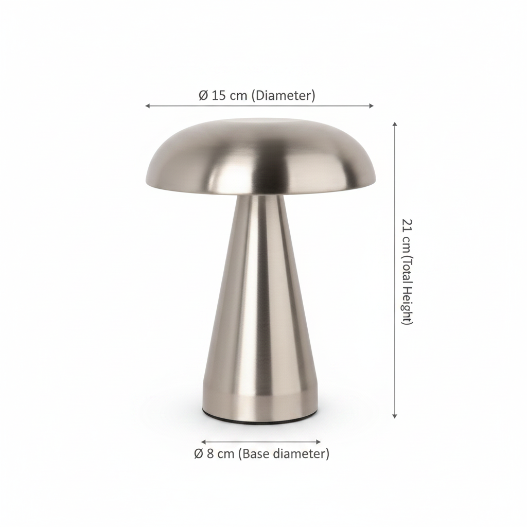 Cordless chrome mushroom bedside lamp 21 cm with USB-C charging and stepless dimming
