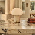 Rechargeable travertine table lamp in beige, cordless and dimmable with USB-C charging