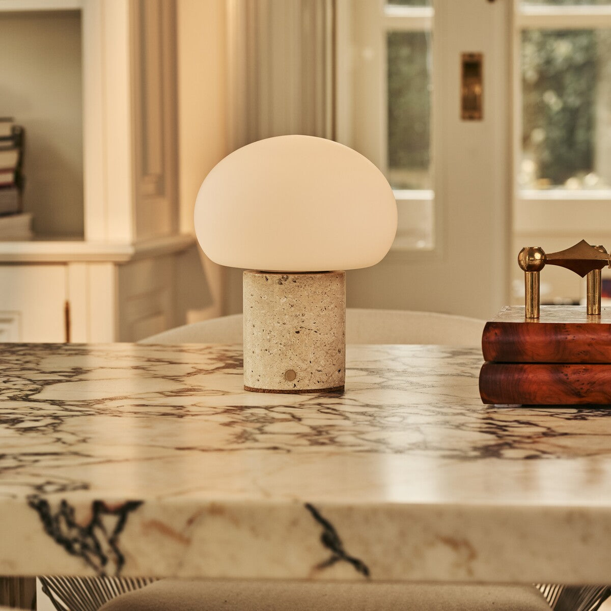 Rechargeable travertine table lamp in beige, cordless and dimmable with USB-C charging
