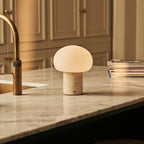 Rechargeable travertine table lamp in beige, cordless and dimmable with USB-C charging