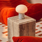 Rechargeable table lamp in blue calcite marble, cordless and dimmable with modular lampshade