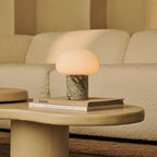 Rechargeable table lamp in ice green marble, cordless dimmable with modular shade