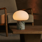 Rechargeable table lamp in ice green marble, cordless dimmable with modular shade