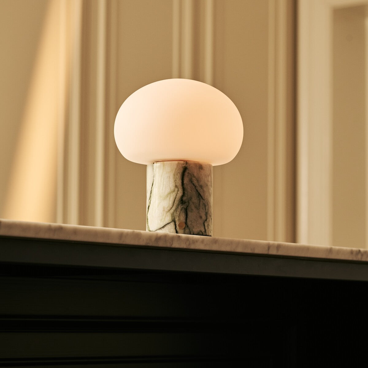 Rechargeable table lamp in ice green marble, cordless dimmable with modular shade