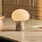 Rechargeable table lamp in ice green marble, cordless dimmable with modular shade