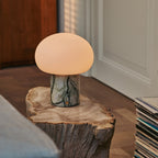 Rechargeable table lamp in ice green marble, cordless dimmable with modular shade