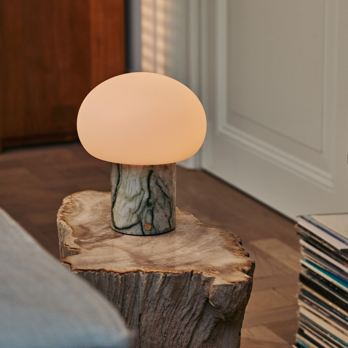 Rechargeable table lamp in ice green marble, cordless dimmable with modular shade