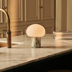Rechargeable table lamp in ice green marble, cordless dimmable with modular shade
