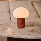 Rechargeable table lamp red travertine cordless dimmable, natural stone base 18cm