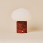 Rechargeable table lamp red travertine cordless dimmable, natural stone base 18cm
