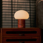 Rechargeable table lamp red travertine cordless dimmable, natural stone base 18cm
