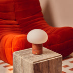Rechargeable table lamp red travertine cordless dimmable, natural stone base 18cm