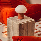 Rechargeable table lamp red travertine cordless dimmable, natural stone base 18cm