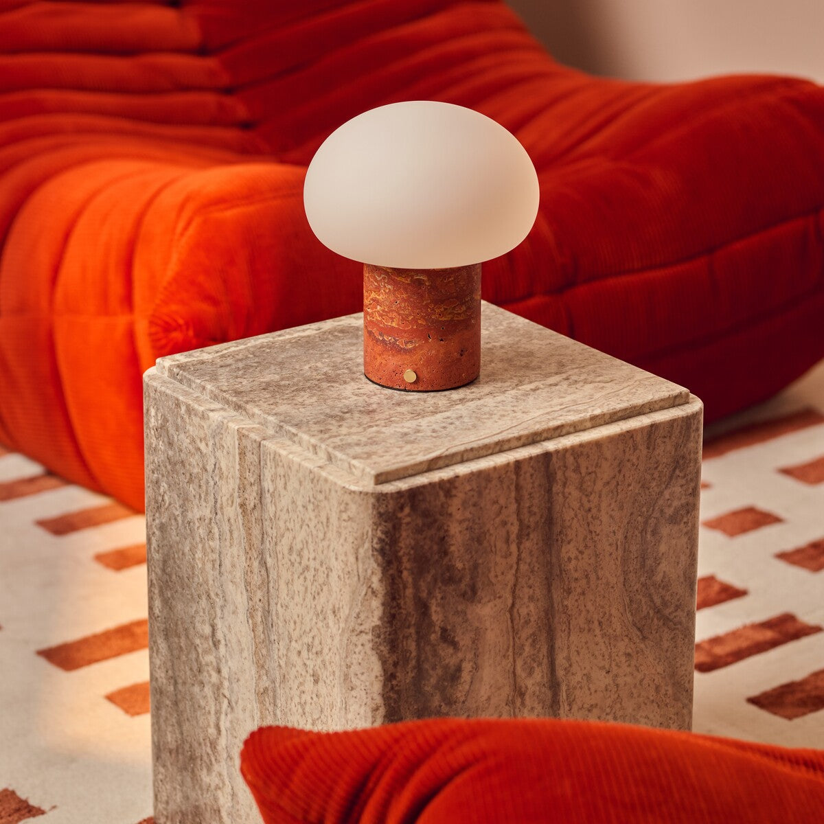 Rechargeable table lamp red travertine cordless dimmable, natural stone base 18cm