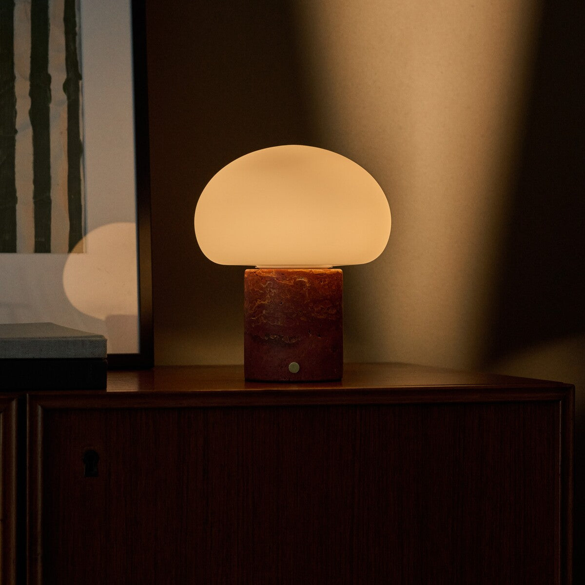 Rechargeable table lamp red travertine cordless dimmable, natural stone base 18cm