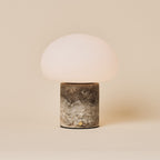 Rechargeable table lamp in silver travertine, cordless and dimmable, 18 cm diameter