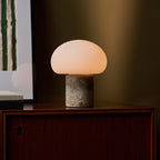 Rechargeable table lamp in silver travertine, cordless and dimmable, 18 cm diameter