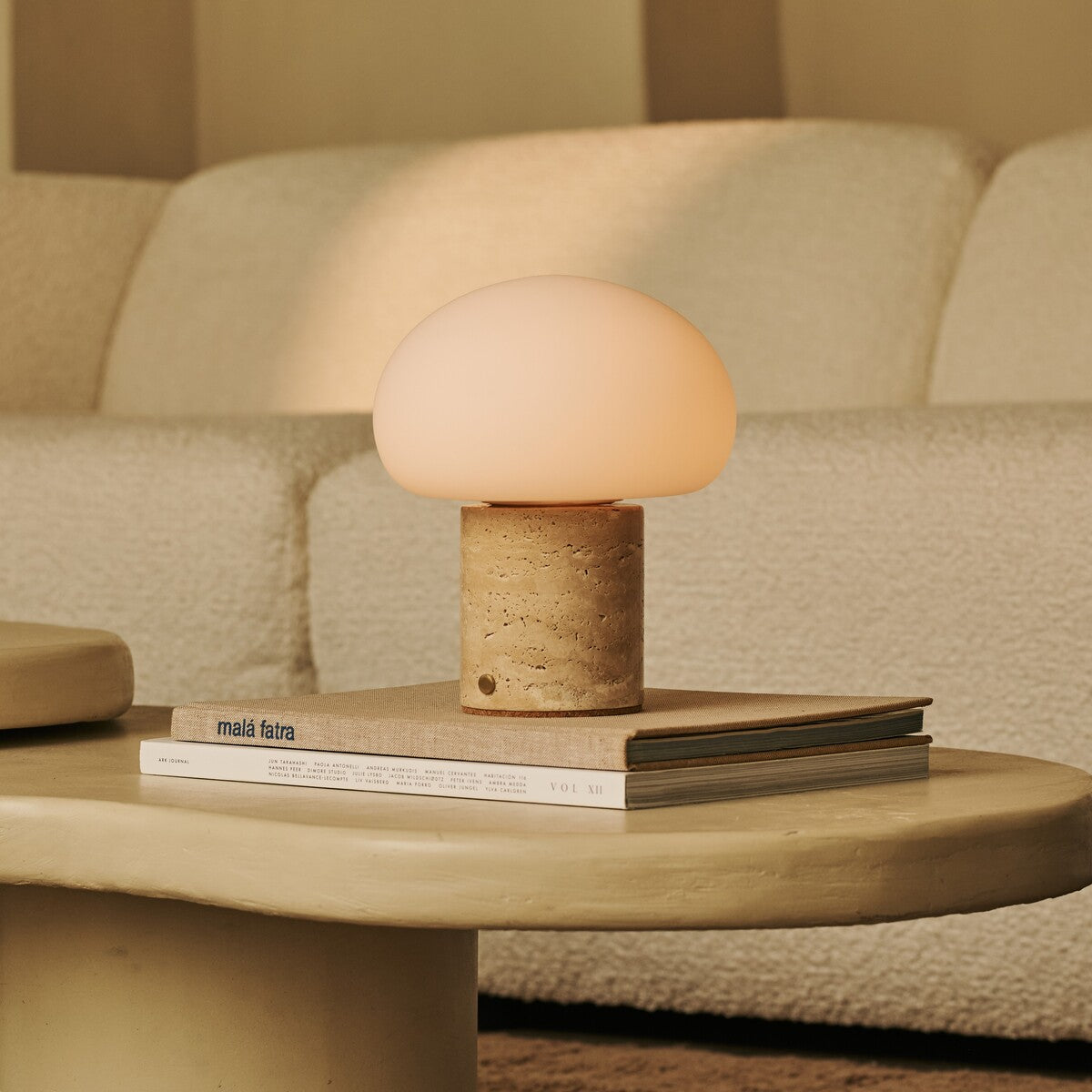 Rechargeable travertine table lamp in beige, cordless and dimmable with USB-C charging
