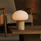 Rechargeable travertine table lamp in beige, cordless and dimmable with USB-C charging