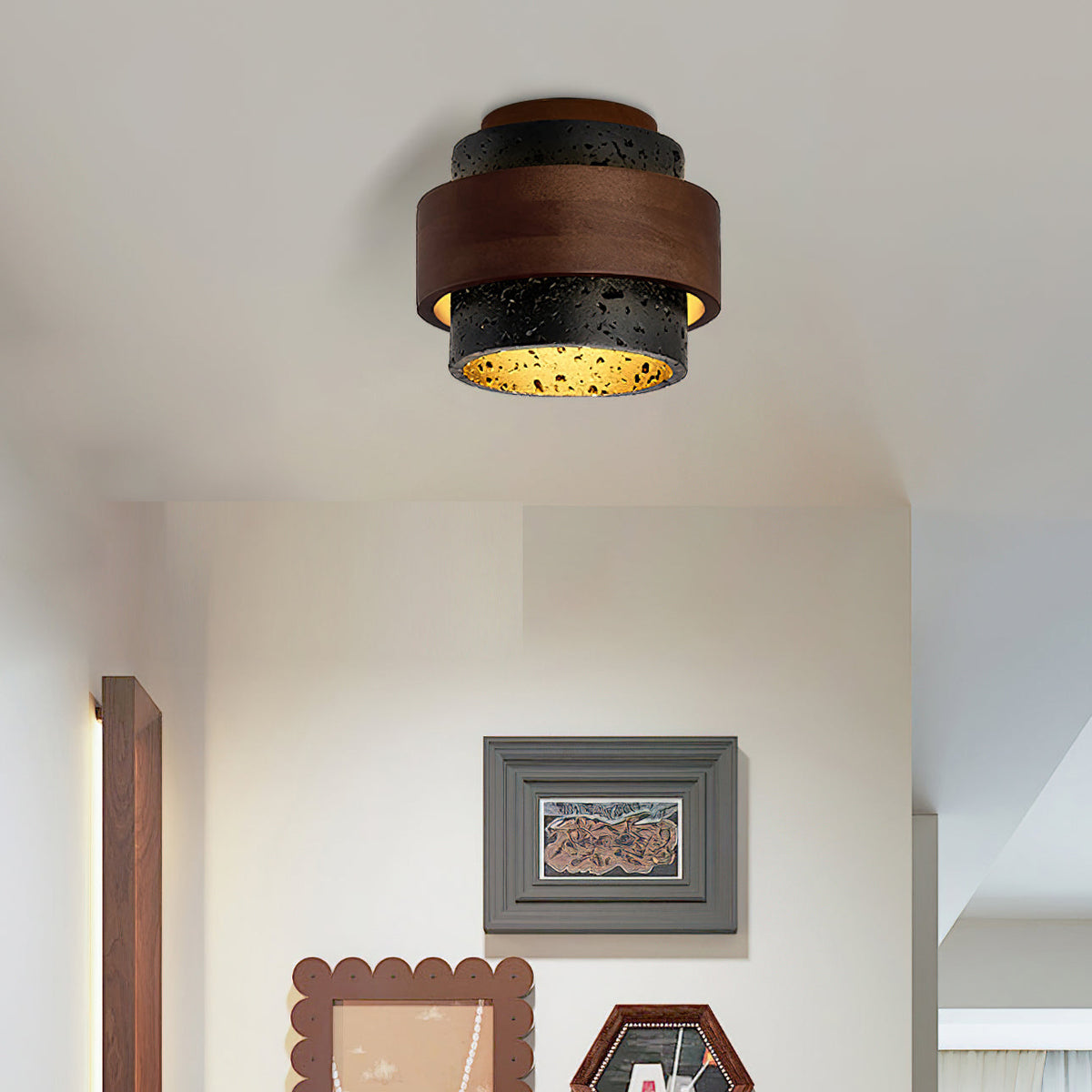 Flush Mount Ceiling Light | Black Travertine, Walnut Wood, GX53