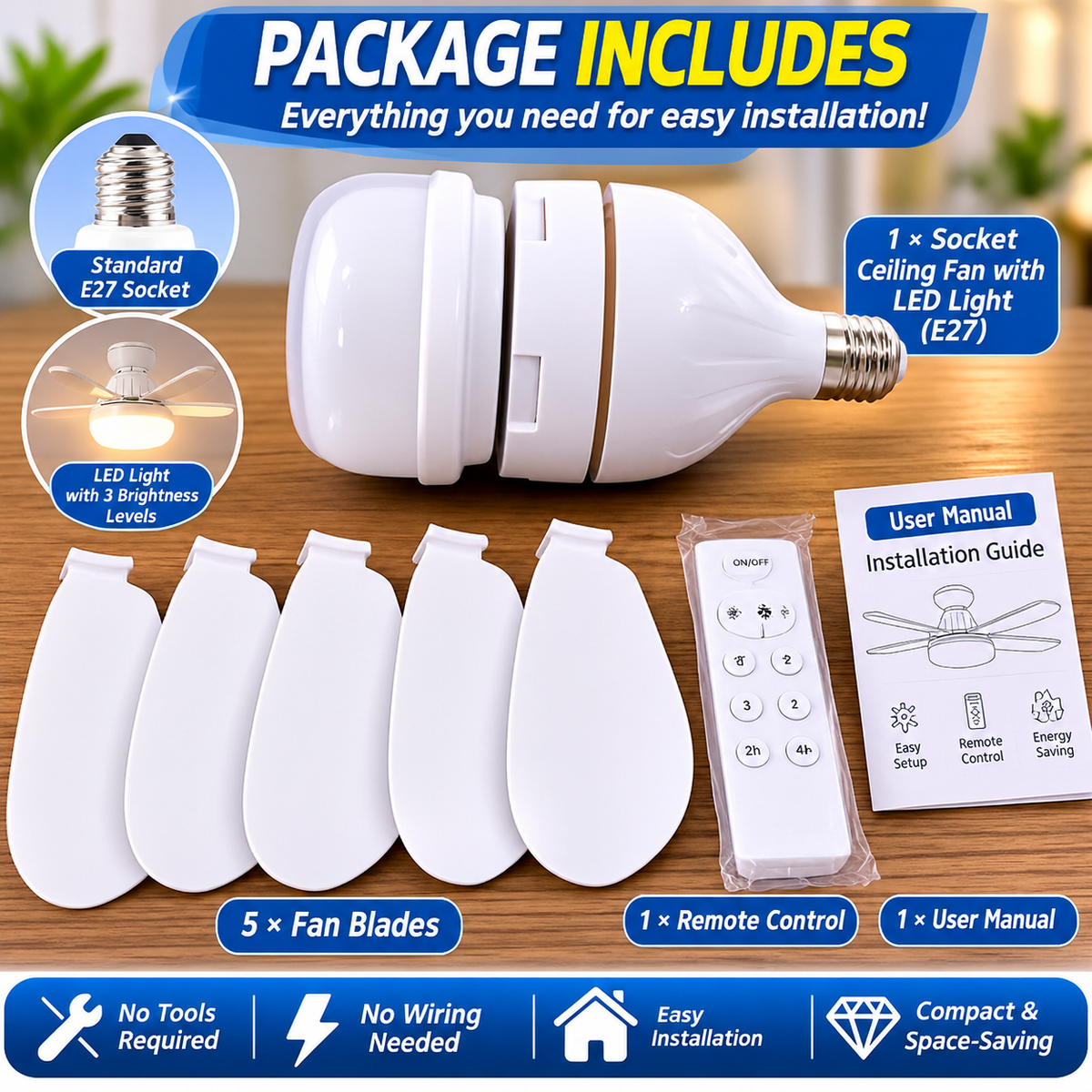 Socket Fan Ceiling Fan with Light | LED, Remote Control, E27/B22