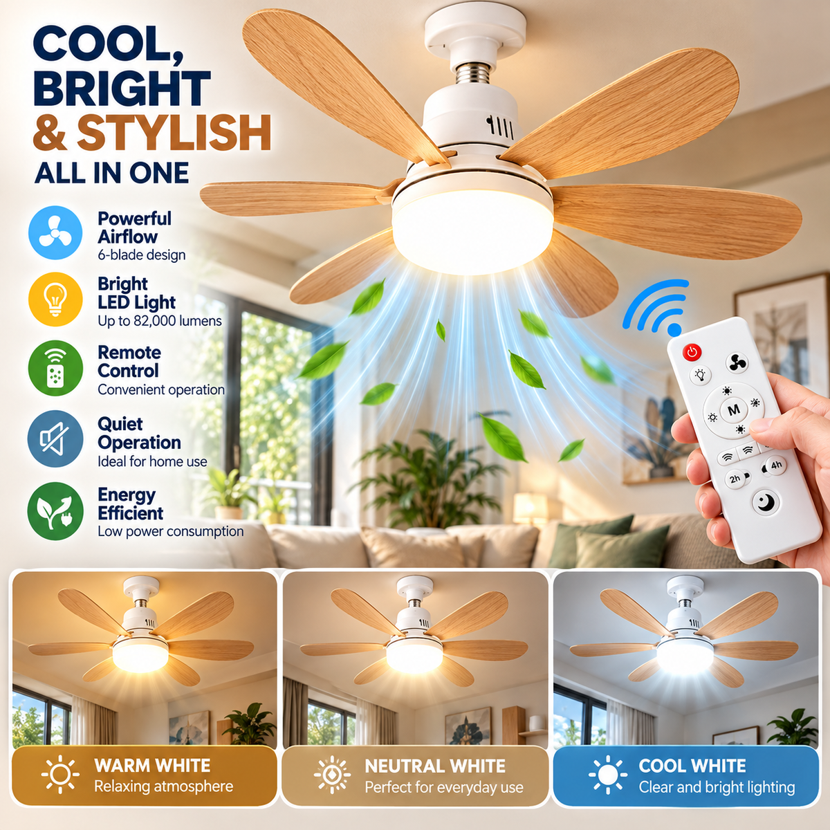 Socket Fan Light Ceiling | Wood Grain, 6 Blades, Remote Control