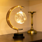Moon lamp LED geometric ball battery powered with gold metal crescent for bedside use