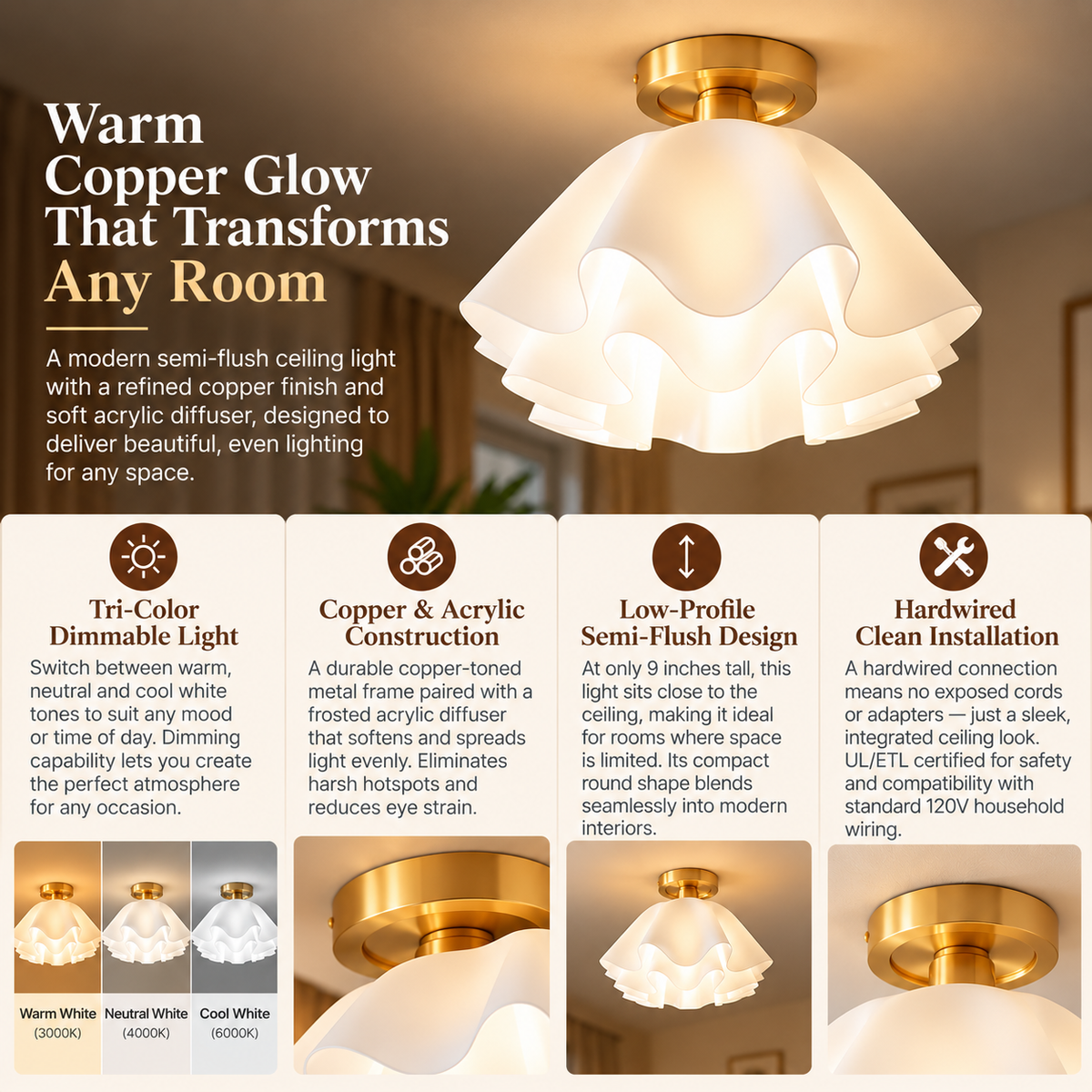 Semi-Flush Ceiling Light | Copper, Dimmable, Modern | Living Room