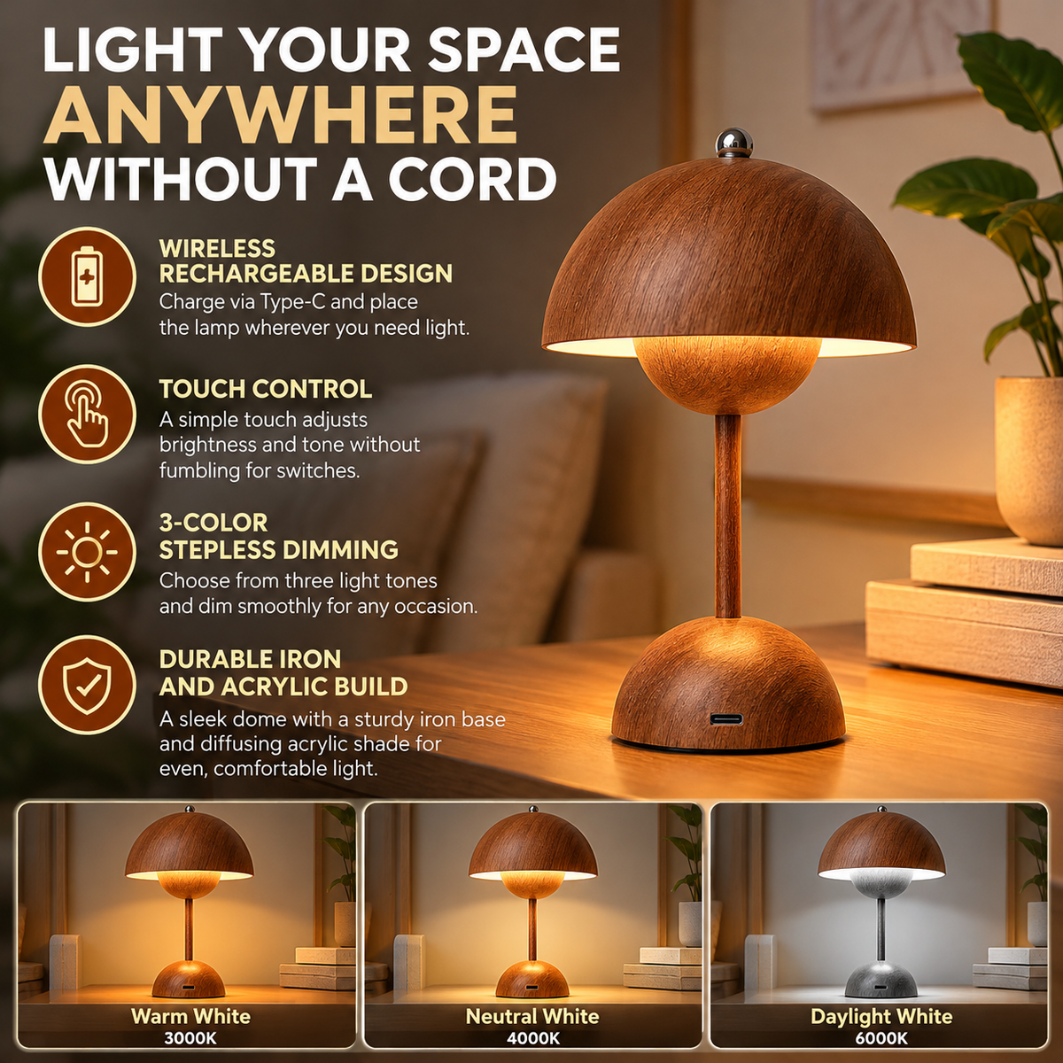 Cordless Table Lamp | Rechargeable LED Desk Lamp, Touch Control, Dome