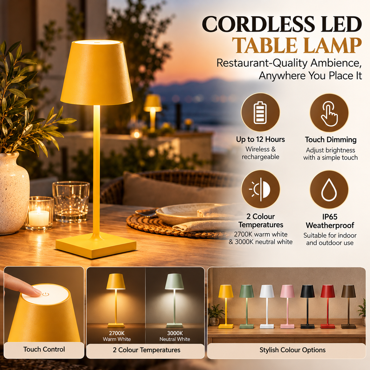 Cordless LED Table Lamp | Rechargeable, Dimmable, IP65