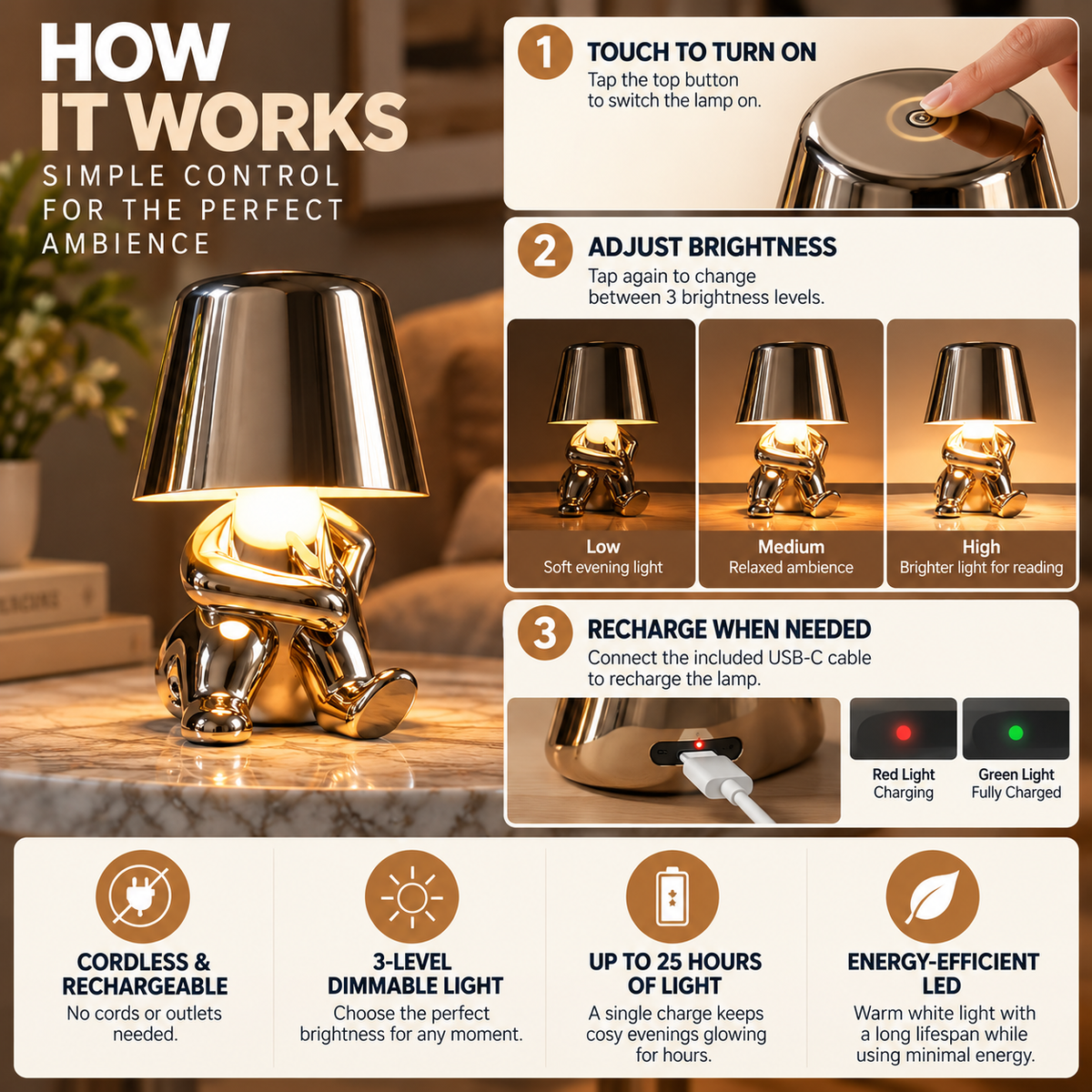 Cordless Table Lamp Dimmable, Rechargeable, Italian Design
