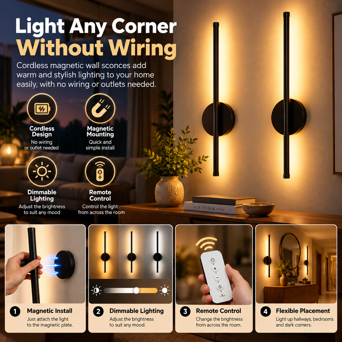 Cordless Magnetic Wall Sconce | Battery, Dimmable, Remote