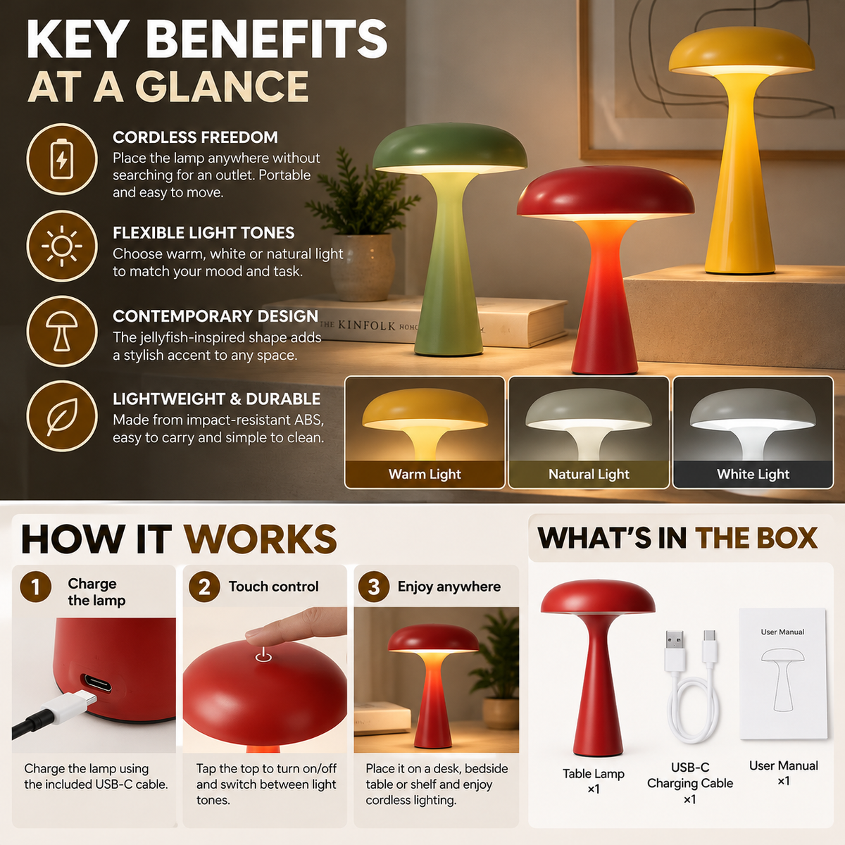 Cordless Desk Lamp | Portable Jellyfish Light, Warm White