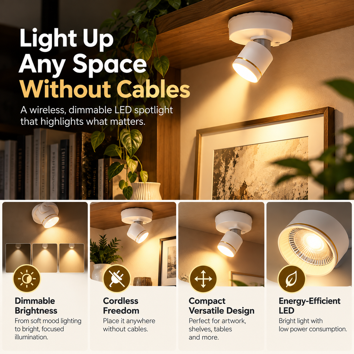 Wireless Spotlight | Mini LED Accent Light, Dimmable, Cordless